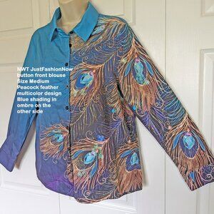 NWT JustFashionNow button front blouse, Sz M, Peacock feather design, Blue/Beige